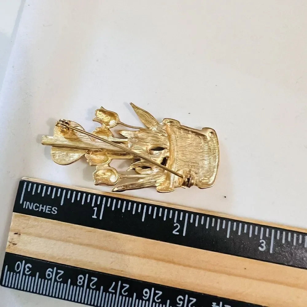 Vintage Nr. #1 MOM Enamel Gold Brooch Tulips Butterfly Planter Enamel Gift 4121